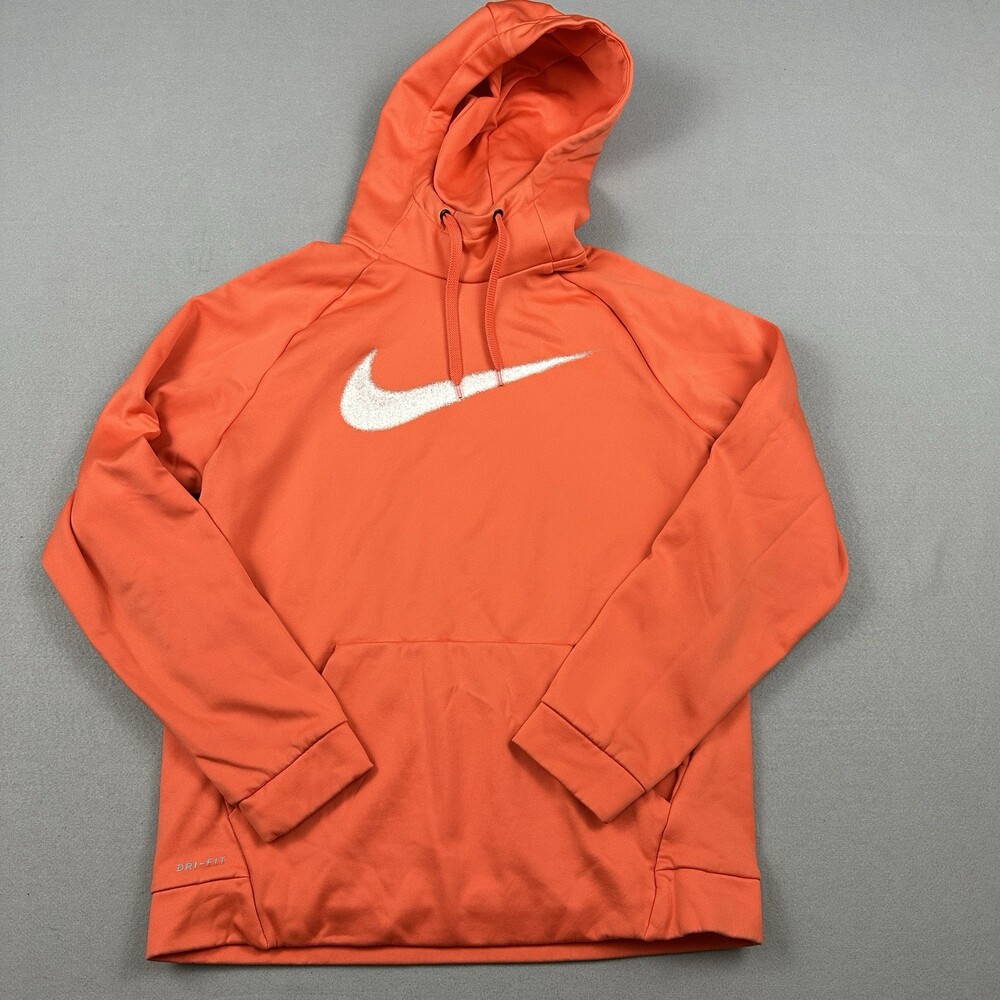 Nike Hoodie Sweatshirt Men Large Orange Pullover Big Swoosh Logo Sweatshirt L